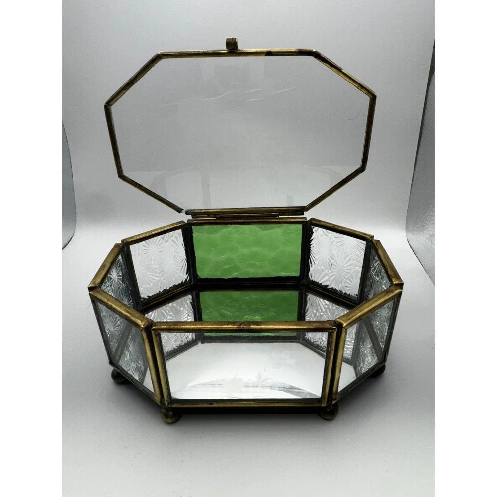 1980's Octagonal Glass Jewelry Box with brass tone frame Etched